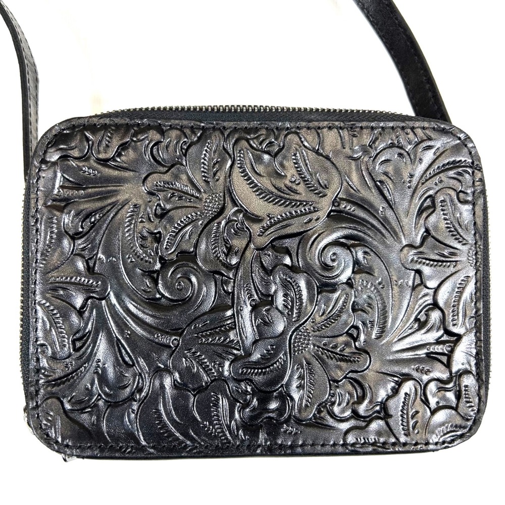 Patricia Nash Black Tooled Leather Floral Double Zip Crossbody Bag Nee